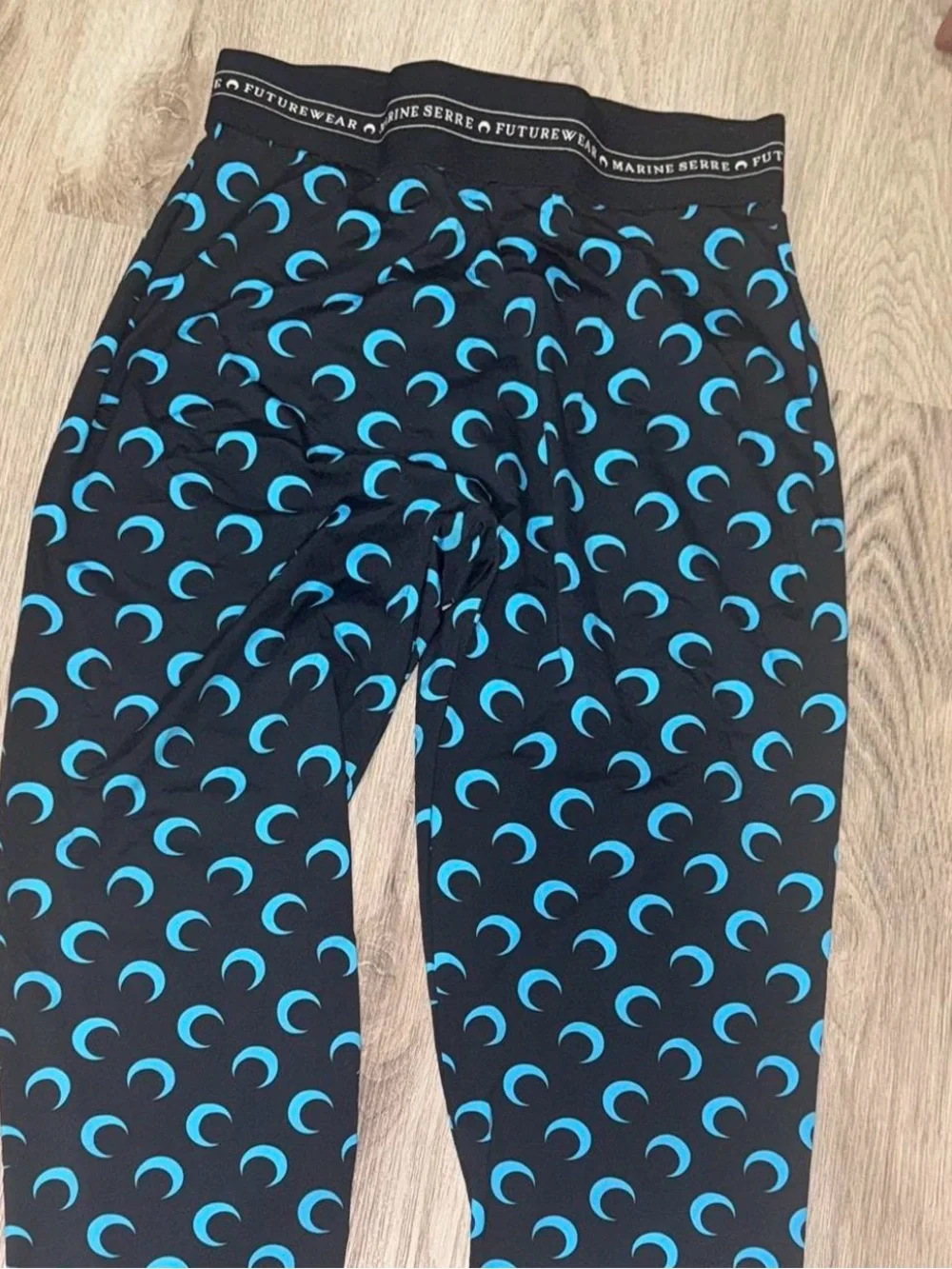 Marine Serre Black Leggings with Bright Blue Crescent Moon Print - Picture 2 of 9